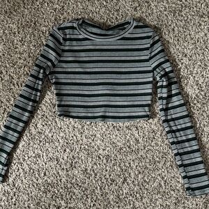 Striped Black, Green and White Long Sleeve Crop Top